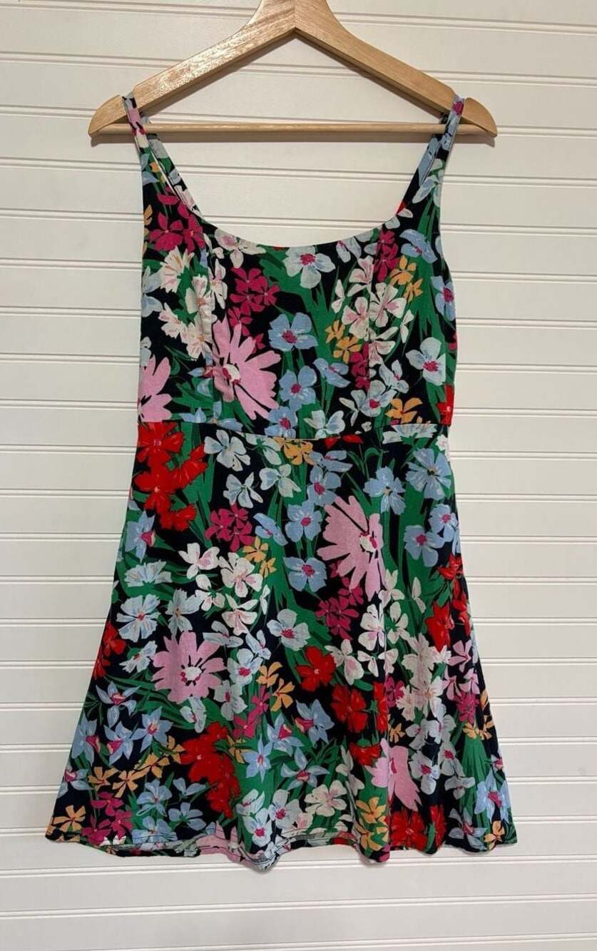 Linen Bright Floral Summer Dress with Pockets Size M